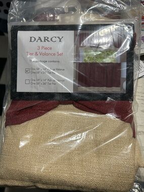 3-Piece Tier & Valance Set in Burgundy and Beige Set of 2